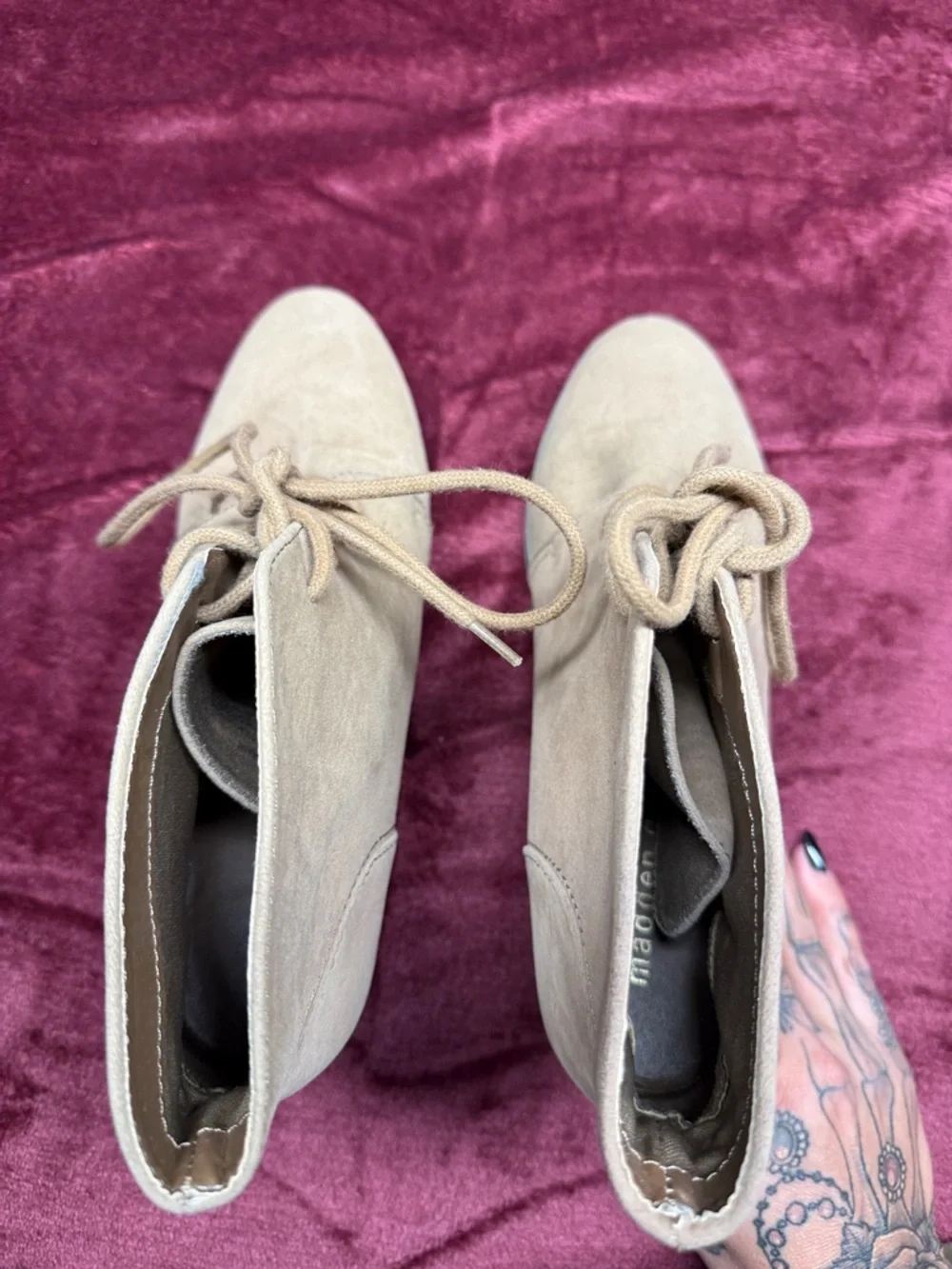 Madden Girl Beige Suede Lace-Up Wedge Booties - Womens